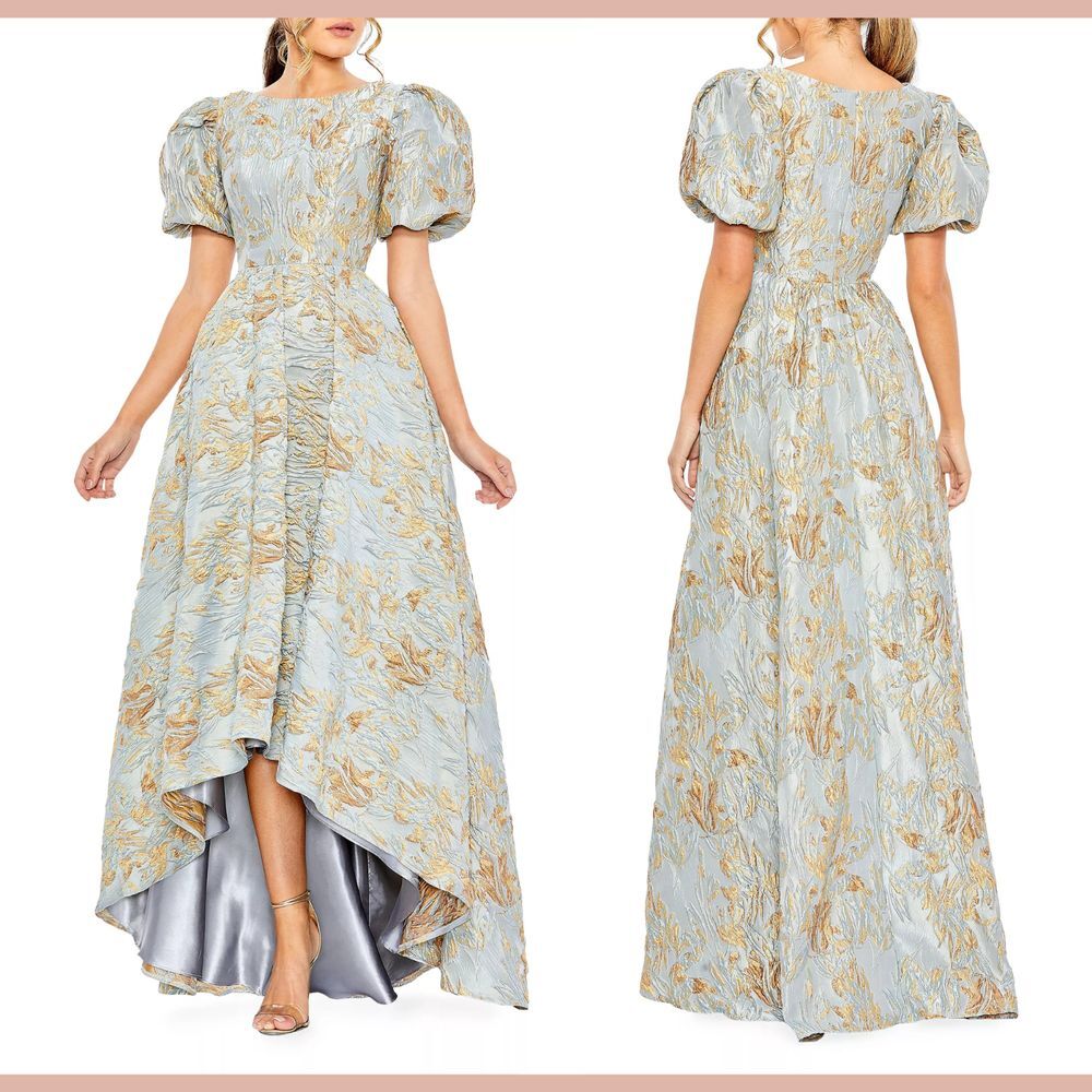 NEW MAC DUGGAL [ 12 ] 11608 Brocade Puff Sleeve‎ High Low Gown Platinum Gold
